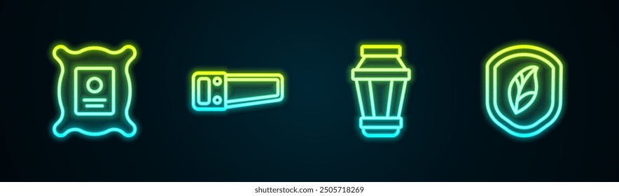 Set line Pack full of seeds of plant, Hand saw, Garden light lamp and Shield with leaf. Glowing neon icon. Vector