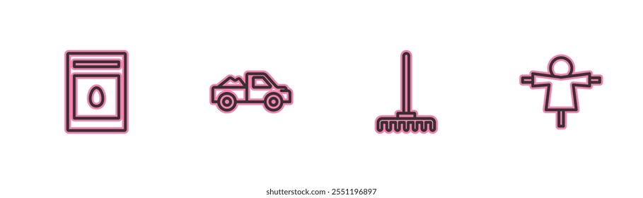 Set line Pack full of seeds of plant, Garden rake, Pickup truck and Scarecrow icon. Vector