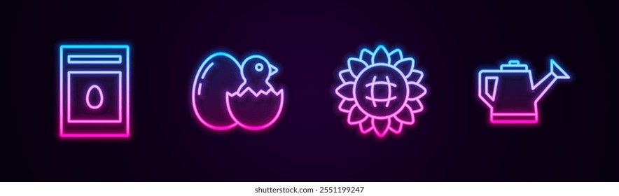 Set line Pack full of seeds of plant, Little chick in cracked egg, Sunflower and Watering can. Glowing neon icon. Vector