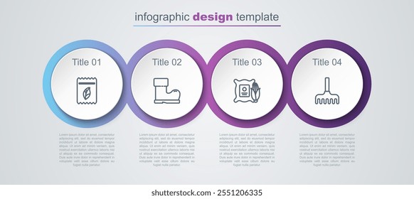 Set line Pack full of seeds of plant, Waterproof rubber boot, Corn in the sack and Garden rake. Business infographic template. Vector