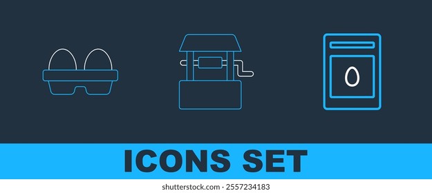 Set line Pack full of seeds of plant, Chicken egg in box and Well icon. Vector