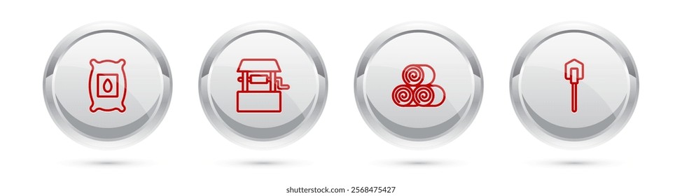 Set line Pack full of seeds of plant, Well, Roll hay and Shovel. Silver circle button. Vector