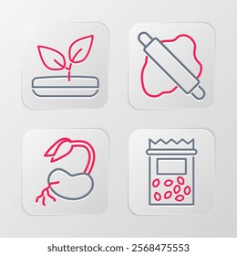 Set line Pack full of seeds of plant, Sprout, Rolling pin on dough and  icon. Vector