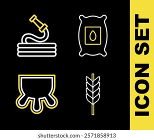 Set line Pack full of seeds of plant, Wheat, Udder and Garden hose icon. Vector