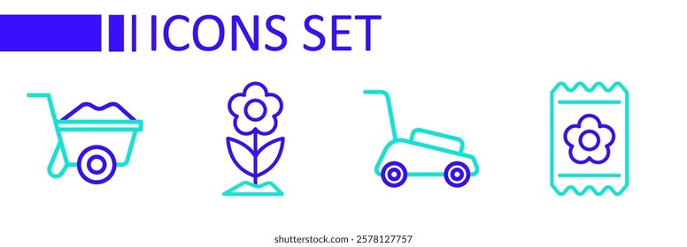 Set line Pack full of seeds, Lawn mower, Flower and Wheelbarrow icon. Vector