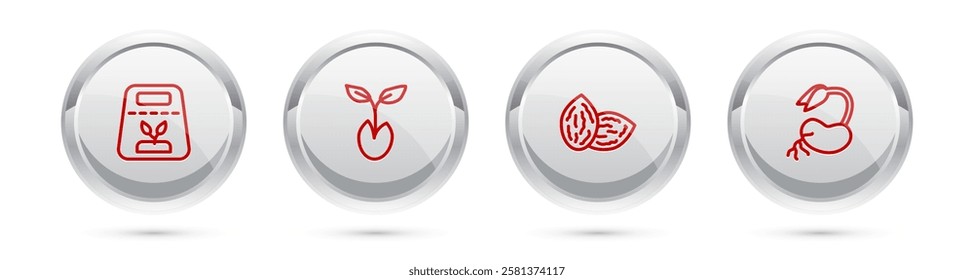 Set line Pack full of seeds of plant, Sprout, Seed and . Silver circle button. Vector