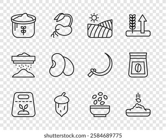 Set line Pack full of seeds of plant, Seed, Agriculture wheat field, Acorn, oak nut,, Bag flour, Beans, Seeds in bowl and coffee beans icon. Vector