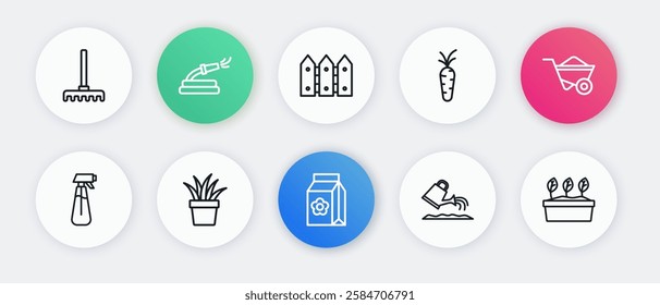 Set line Pack full of seeds, Wheelbarrow, Garden sprayer for water, Watering can, Carrot, fence wooden, Plant pot and  icon. Vector
