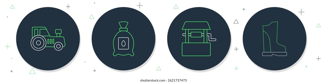 Set line Pack full of seeds of plant, Well, Tractor and Waterproof rubber boot icon. Vector
