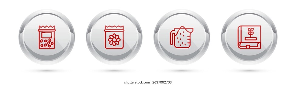Set line Pack full of seeds of plant, , Measuring cup and Book about. Silver circle button. Vector