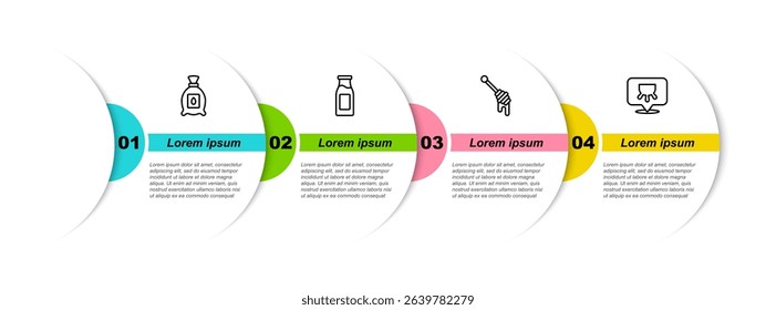 Set line Pack full of seeds of plant, Bottle with milk, Honey dipper stick and Udder. Business infographic template. Vector