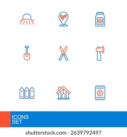 Set line Pack full of seeds, Farm house, Garden fence wooden, Wooden axe, Shovel, Gardening scissors,  and Location with leaf icon. Vector