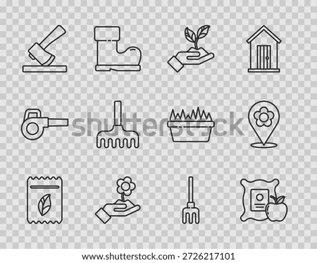 Set line Pack full of seeds of plant, Apple in the sack, Plant hand environmental, Hand holding flower, Wooden axe, Garden rake,  and Location with icon. Vector