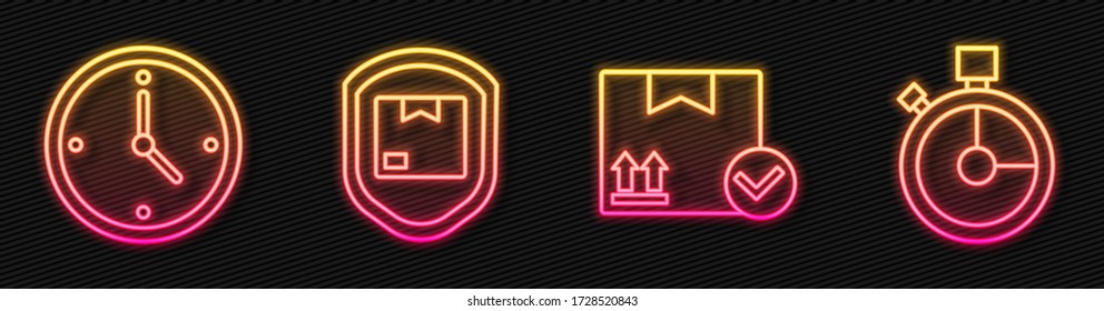 Set line Package box with check mark, Fast time delivery, Delivery pack security with shield and Fast time delivery. Glowing neon icon. Vector