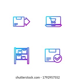 Set line Package box with check mark, Warehouse, Carton cardboard and Shopping cart laptop. Gradient color icons. Vector