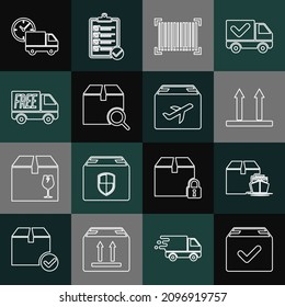 Set line Package box with check mark, Cargo ship boxes, This side up, Barcode, Search package, Free delivery service, Delivery truck and clock and Plane cardboard icon. Vector