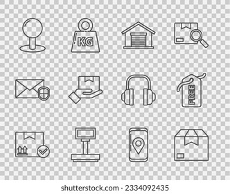 Set Line Package box mit Häkchen, Karton-Karton, Lager, Maßstab, Push-Pin, Handkästen für die Lieferung von mobilen Anwendungen, Tracking und Preis-Tag Free-Symbol. Vektorgrafik