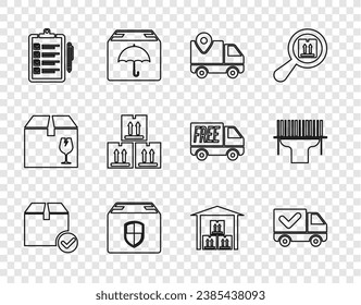 Set line Package box with check mark, Delivery truck, tracking, security shield, Verification of delivery list, Cardboard traffic, Warehouse and Scanner scanning bar code icon. Vector