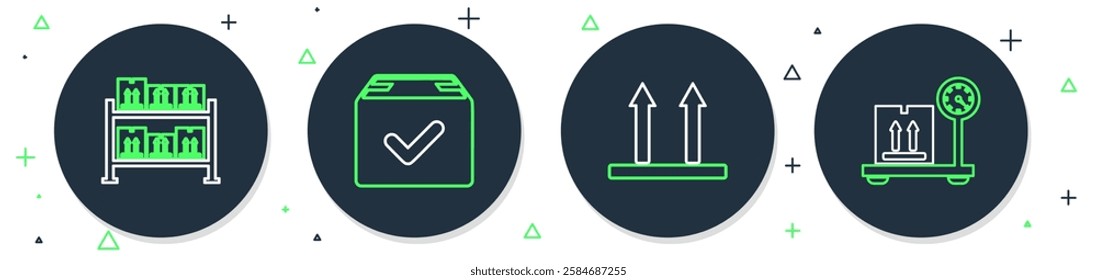 Set line Package box with check mark, This side up, Warehouse and Scale cardboard icon. Vector