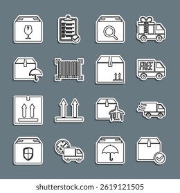 Set line Package box with check mark, Delivery truck in movement, Free delivery service, Search package, Barcode, umbrella, fragile content and Cardboard traffic icon. Vector