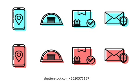 Set line Package box with check mark, Mobile with app delivery tracking, Hangar and Envelope with shield icon. Vector