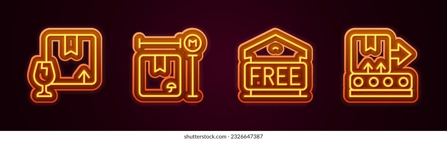 Set line Package box with fragile content, Cardboard measurement, Free storage and Conveyor belt. Glowing neon icon. Vector