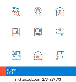 Set line Package box with fragile content, Free storage, Home delivery services, Unboxing, Warehouse interior boxes, Waybill, price and Location cardboard icon. Vector