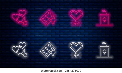 Set line Packaging of birth control pills, Feminism, Female gender and Debate podium rostrum. Glowing neon icon on brick wall. Vector