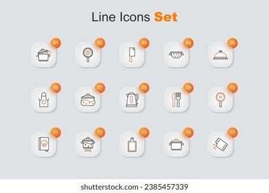 Set line Packet of pepper, Cooking pot, Cutting board, on fire, Cookbook, Frying pan, Crossed knife and fork and Electric kettle icon. Vector