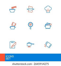 Set line Packet of pepper, Cooking pot on fire, Cutting board and knife, spice, Fried eggs frying pan, Chef hat and Rolling pin dough icon. Vector