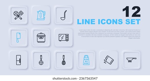 Set line Packet of pepper, Frying pan on fire, Slow cooker, Grater, Meat chopper, Spatula, Electric kettle and Kitchen whisk icon. Vector