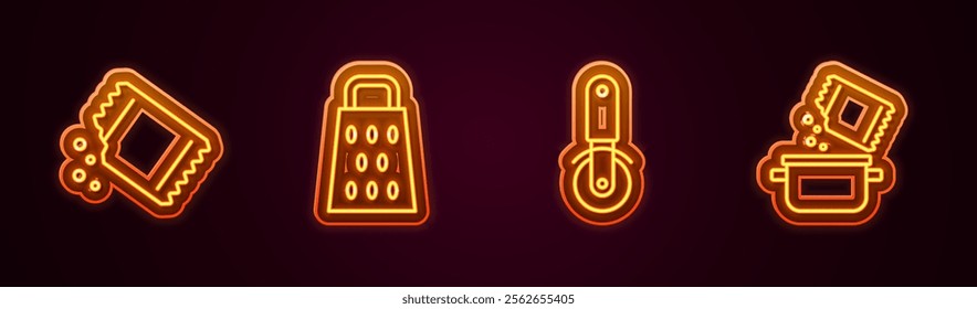 Set line Packet of pepper, Grater, Pizza knife and Cooking pot and spice. Glowing neon icon. Vector