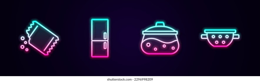 Set line Packet of pepper, Refrigerator, Cooking pot and Kitchen colander. Glowing neon icon. Vector