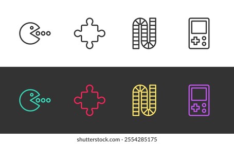 Set line Pacman with eat, Puzzle pieces toy, Board game and Tetris on black and white. Vector