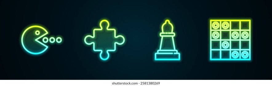 Set line Pacman with eat, Puzzle pieces toy, Chess and Board game of checkers. Glowing neon icon. Vector