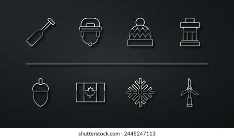 Set line Paddle, Acorn, Inukshuk, Snowflake, Flag of Canada, Hockey helmet, Wind turbine and Beanie hat icon. Vector