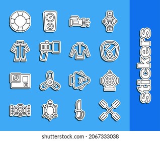 Set line Paddle, Aqualung, Diving mask, Flashlight, Wetsuit, Lifebuoy and  icon. Vector