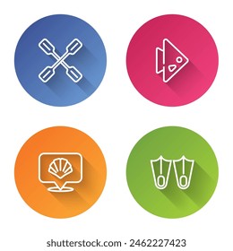 Set line Paddle, Fish, Scallop sea shell and Rubber flippers. Color circle button. Vector