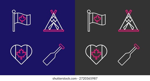 Set line Paddle, bandera de Canadá en forma de corazón, tipi o wigwam indio y bandera de icono. Vector