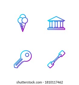 Set line Paddle, Key, Ice cream in waffle cone and Museum building. Gradient color icons. Vector