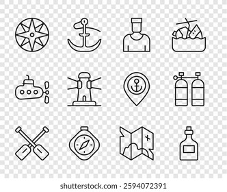 Set line Paddle, Rum bottle, Sailor captain, Compass, Wind rose, Lighthouse, Pirate treasure map and Aqualung icon. Vector