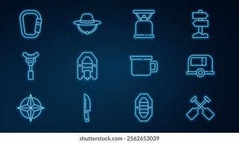 Set line Paddle, Rv Camping trailer, gas stove, Rafting boat, Sausage on the fork, Carabiner, metal mug and hat icon. Vector