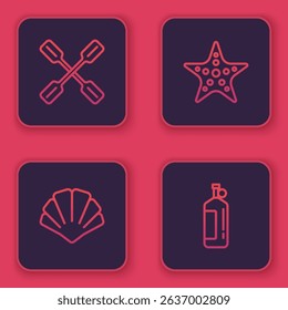 Set line Paddle, Scallop sea shell, Starfish and Aqualung. Blue square button. Vector
