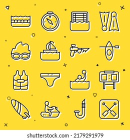 Set line Paddle, Sport mechanical scoreboard, Kayak and paddle, Water polo, Yacht sailboat, Glasses for swimming, Swimming pool and Fishing harpoon icon. Vector