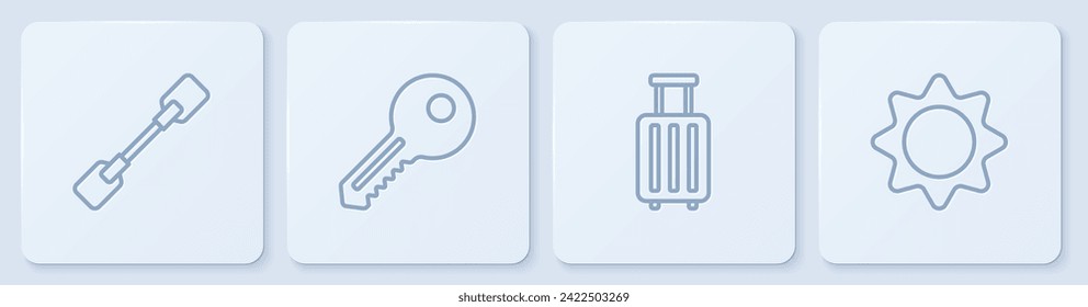 Set line Paddle, Suitcase, Key and Sun. White square button. Vector