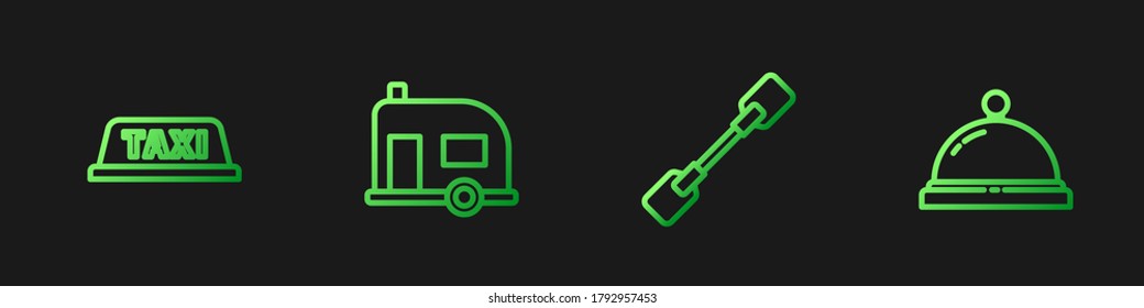 Set line Paddle, Taxi car roof, Rv Camping trailer and Hotel service bell. Gradient color icons. Vector
