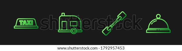 Set line Paddle, Taxi
car roof, Rv Camping trailer and Hotel service bell. Gradient color
icons. Vector