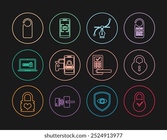 Definir linha Padlock com relógio, Castelo na forma de coração, curva de Bezier, sistema de segurança Smart car, senha do laptop, Por favor não perturbe, porta digital sem fio e Mobile e ícone de digitalização dos olhos. Vetor