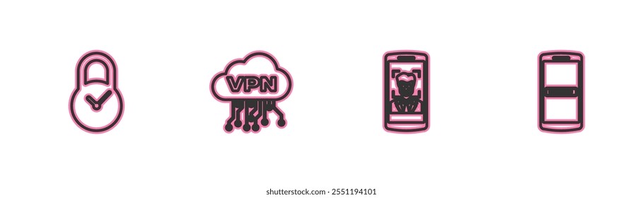 Set line Padlock with clock, Mobile and face recognition, Cloud VPN interface and password icon. Vector