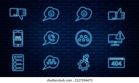 Set line Page with a 404 error, Monitor exclamation mark, Speech bubble sad smile, phone call, Mobile FAQ information, Dislike, Five stars rating review and angry icon. Vector